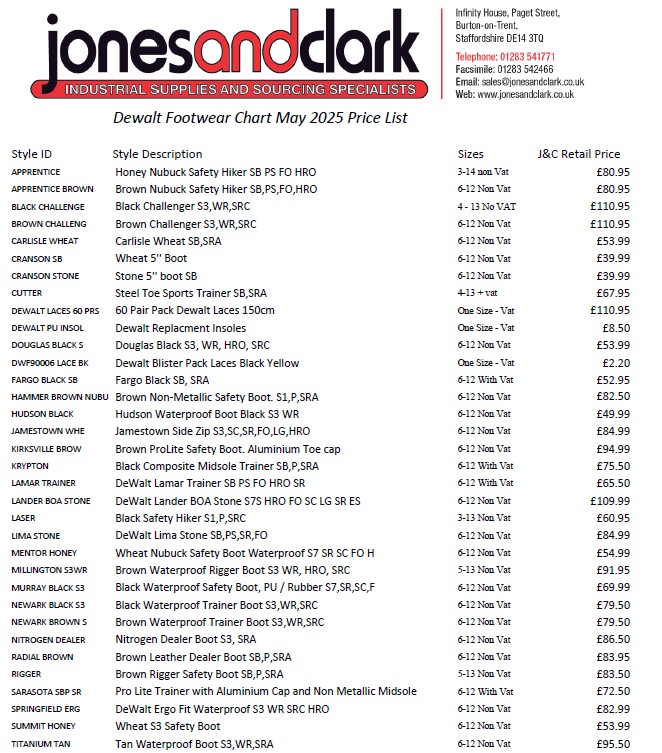 DeWALT Footwear Wall Chart May 2025 Price List
